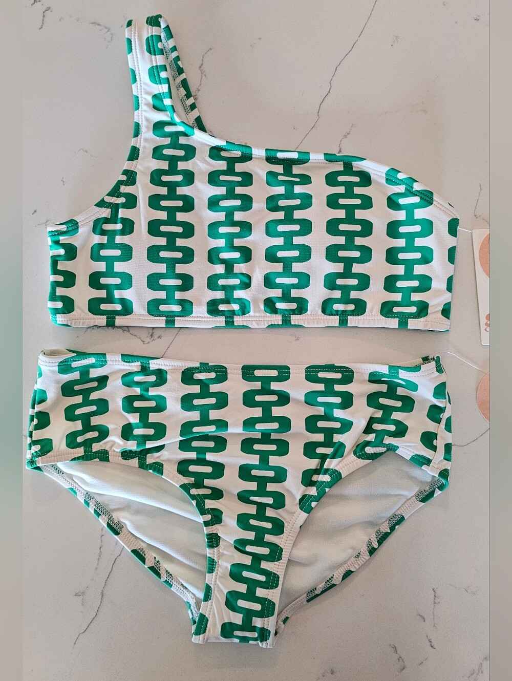 GB Green Link-Print One-Shoulder Girls' Bikini 2 Piece Swim Suit. Size 14 NWT